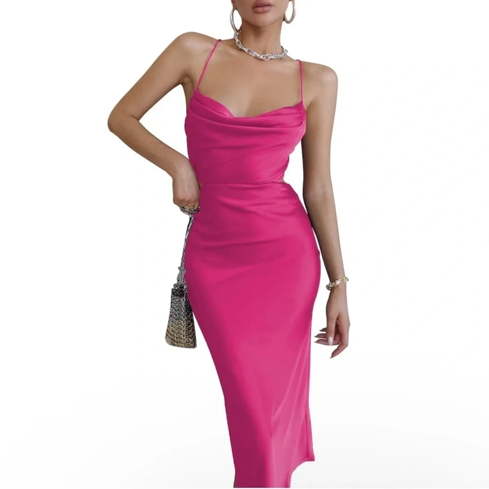 NWT Women’s Pink Satin Slip Open Back Crisscross Cowl Neck Midi Dress Sz Medium